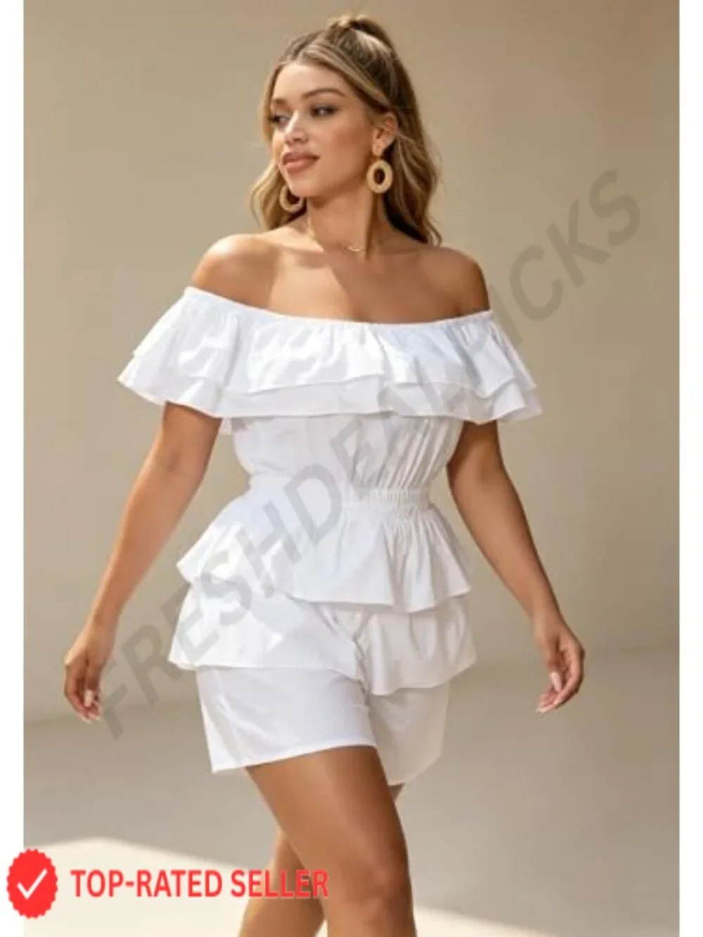 Boho Off Shoulder Ruffle Romper Short Jumpsuit Plus Size Summer
